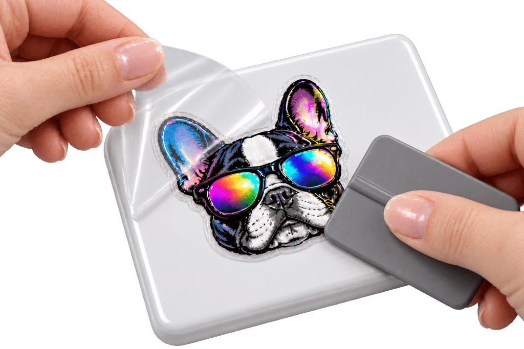 Pose d'un sticker DTF UV à la raclette