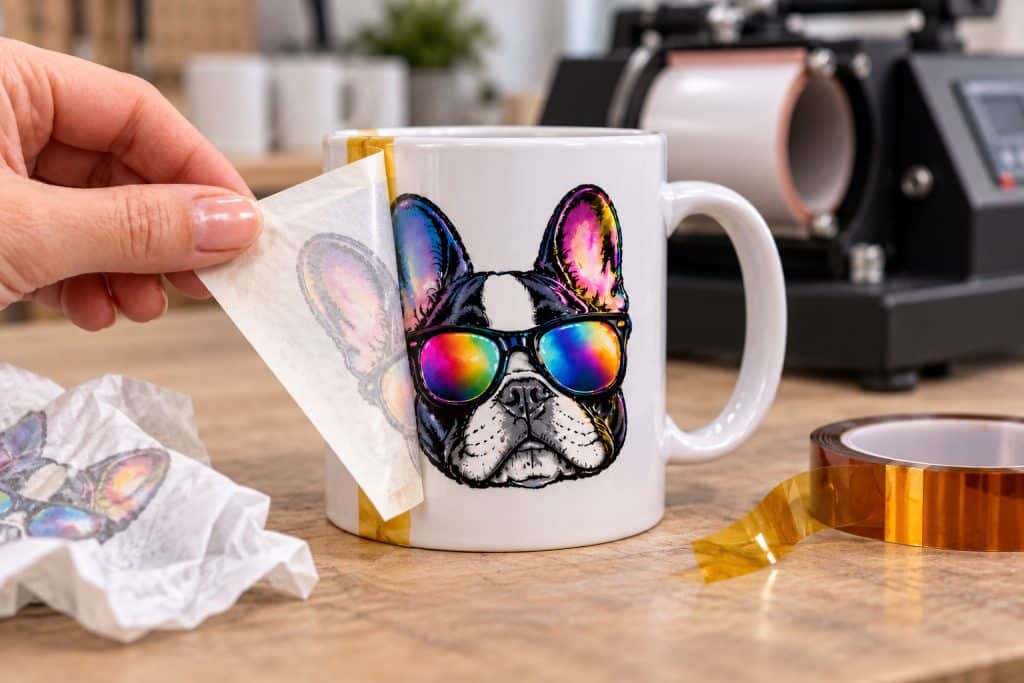 Papier de sublimation retiré d'un mug blanc imprimé, presse à mug en arrière-plan